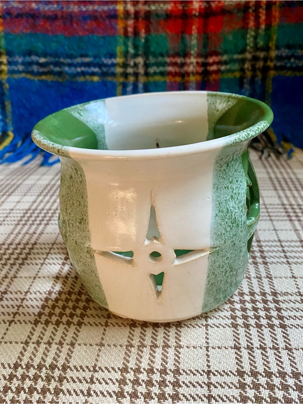 Handcrafted Green and White Ceramic Votive Holder